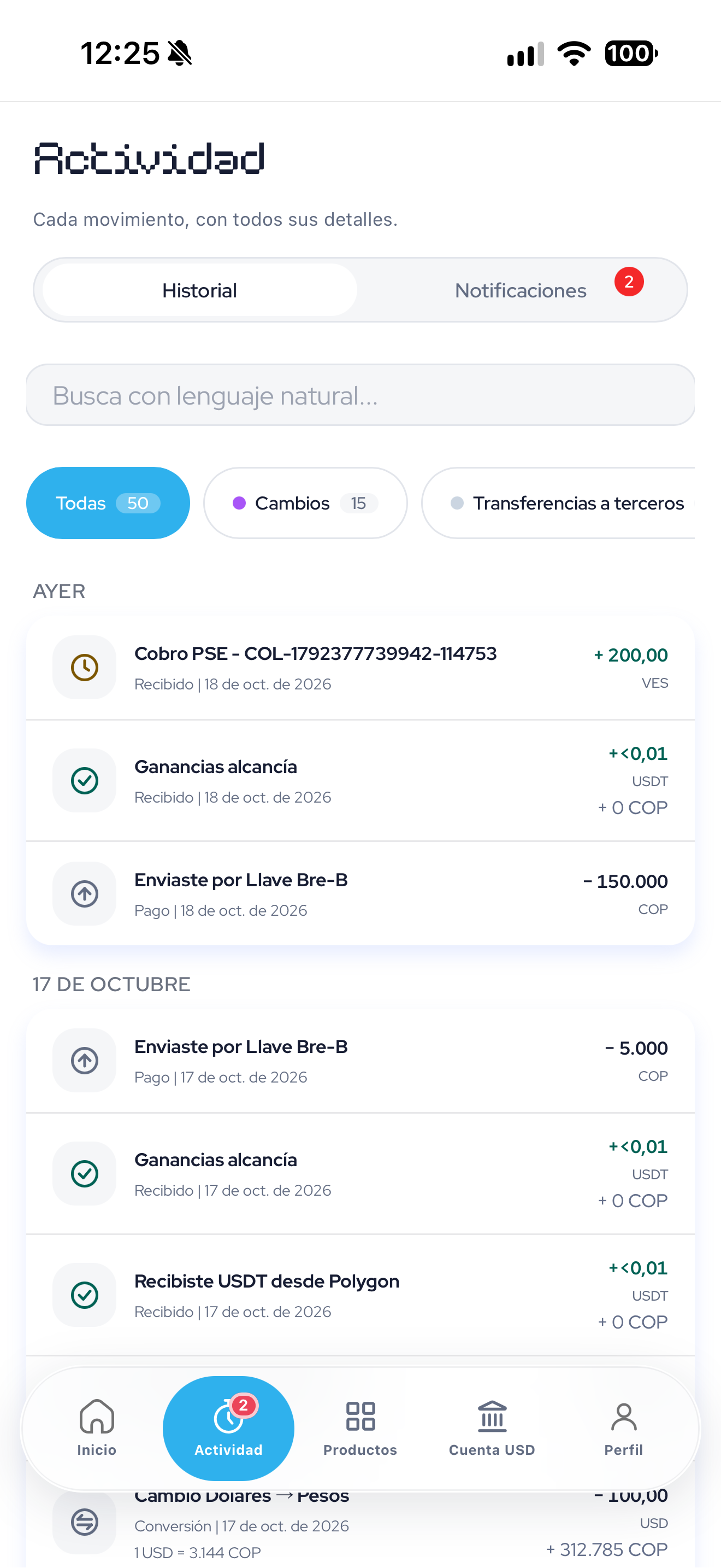 Pantalla de actividad de la app iion pay.
