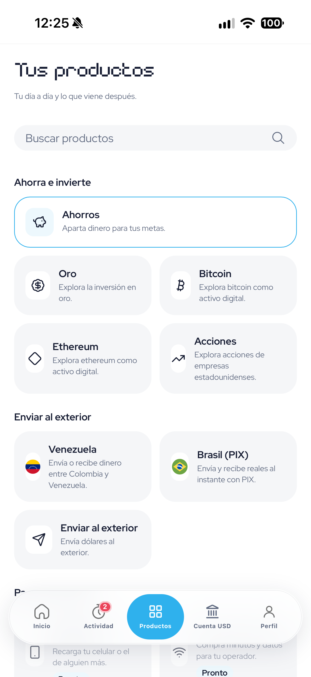 Pantalla de productos de la app iion pay.