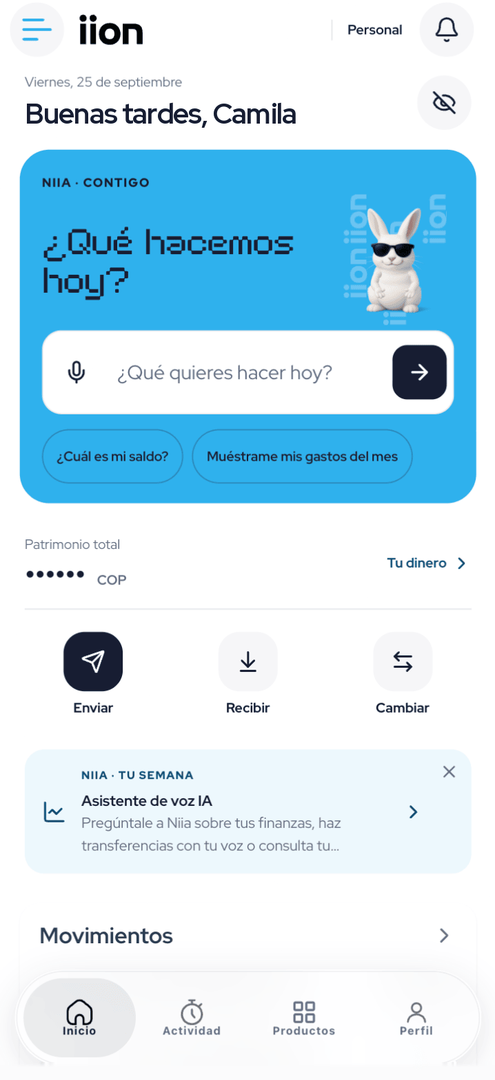 Inicio de la app iion pay. Nombre de ejemplo.