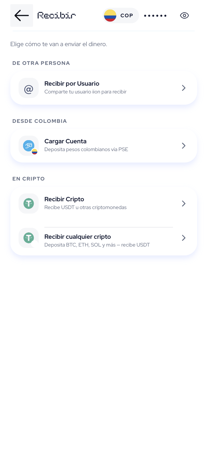 Recibir en la app iion pay. Saldo oculto.