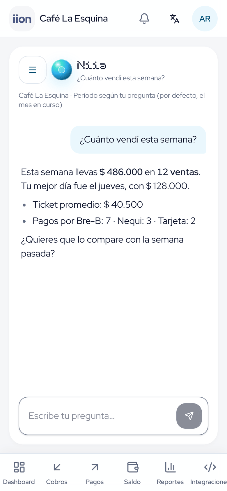 Chat de Niia en el panel de iion pay: responde cuánto vendió el negocio en la semana. Datos de ejemplo.